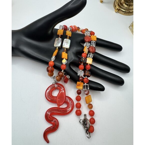 Murano Art Italy Glass Snake Pendant Multicolor  Necklace 28" Long Toggle Claps - Picture 1 of 11